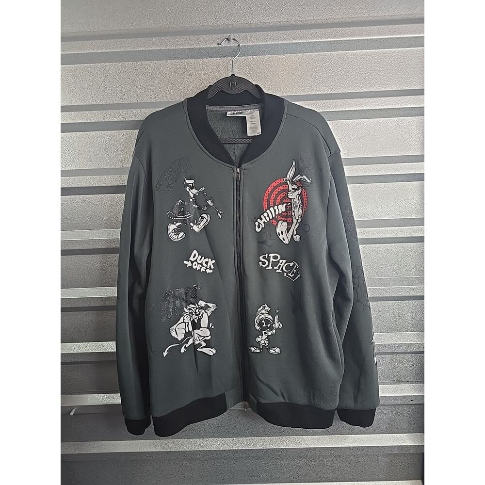 Warner Bros Y2K Looney Tunes Bomber Jacket Men L Gray Cartoon Graphic Print